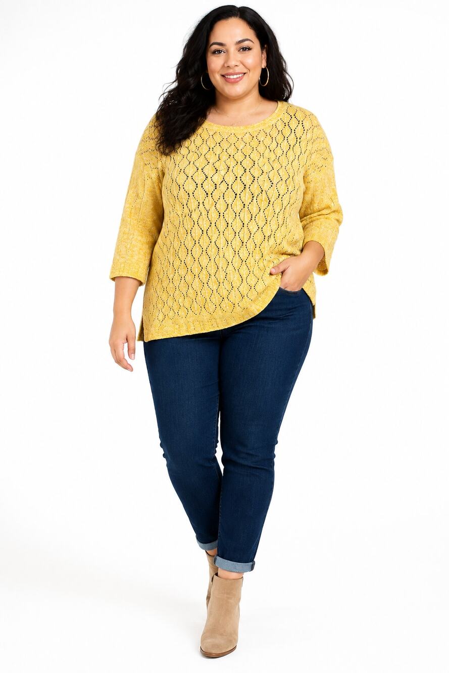 EVRI Women’s 1X Sunshine Yellow Pointelle Knit Sweater 3/4 Sleeve NWOT